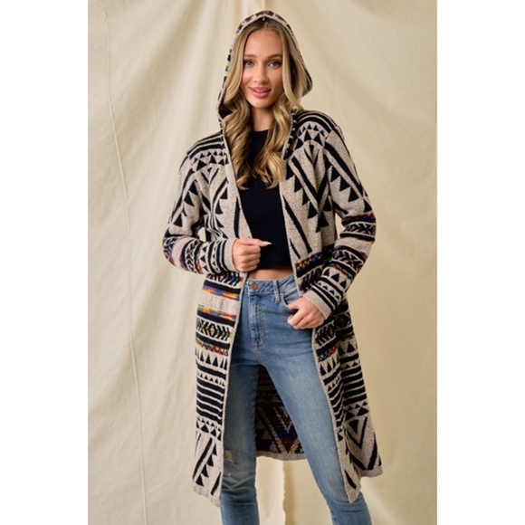Oatmeal Multi Rainbow Aztec Jacquard Hooded Knit Open Cardigan Western Sweater - Picture 2 of 7